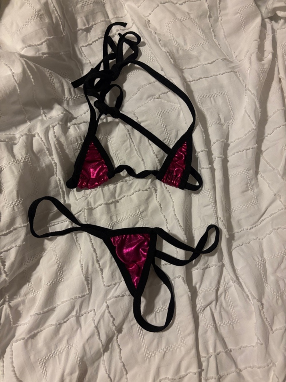 Black-Trim Magenta Satin Micro Bikini Set